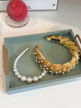 Pearl & Crystal Mustard Yellow Velvet Padded Victorian Headband Set Of Two